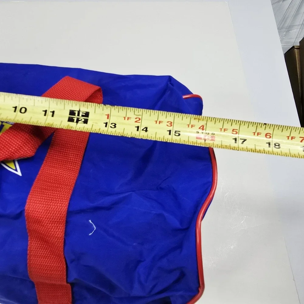 Vintage Sports Pages Duffle Bag Blue Red Nylon Gym Travel Barrel Weekender 18